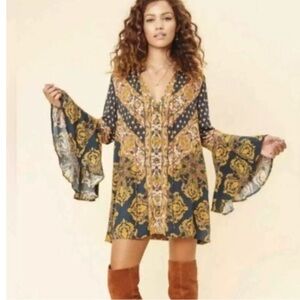 Free People Magic Mystery Tunic or Dress Size M, Medium Blue Gold Paisley